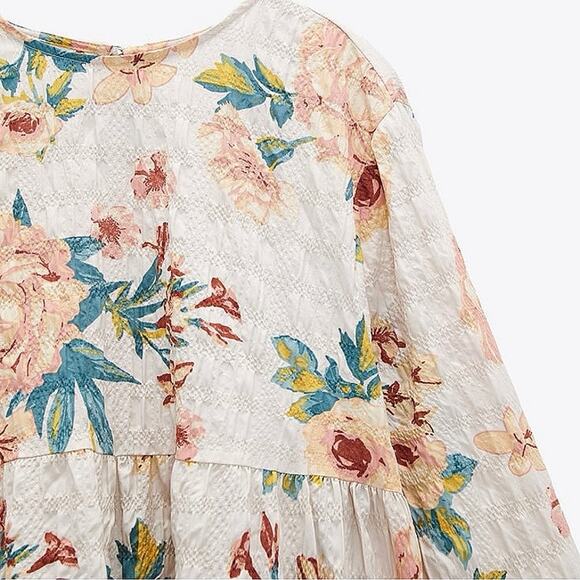 Zara Multicolor Floral Textured 3/4 Sleeve Tiered Flounce Hem Mini Shift Dress M - Picture 14 of 16